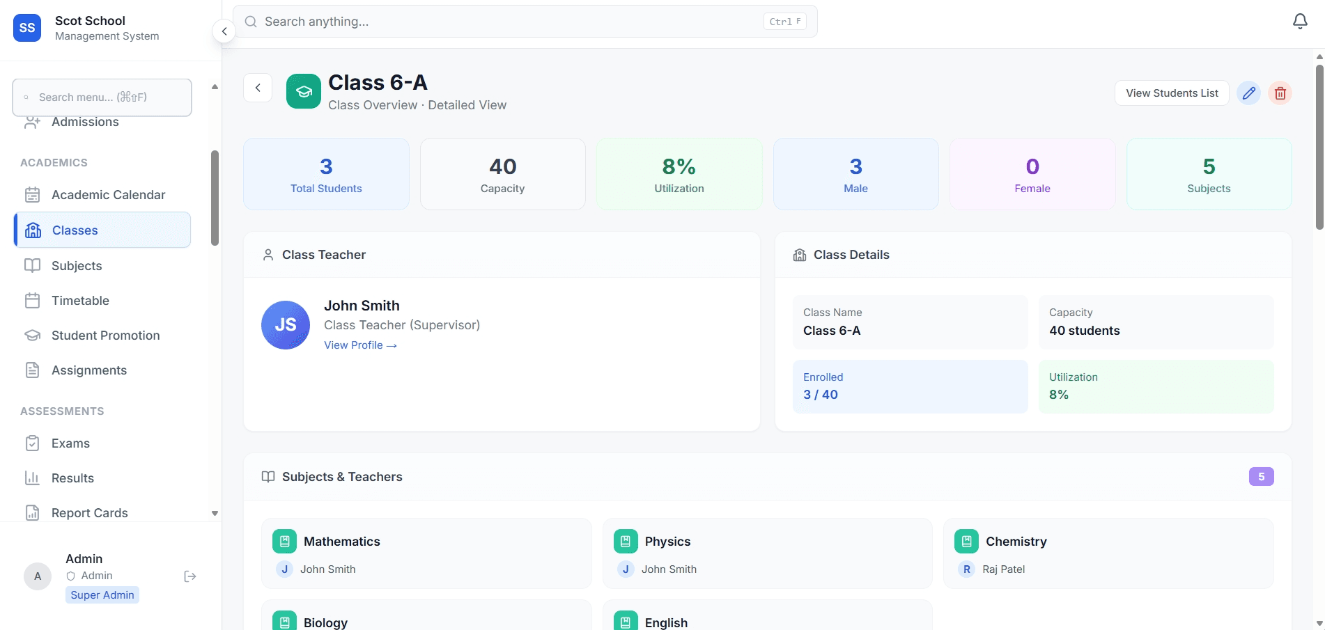 Scot School class management screen