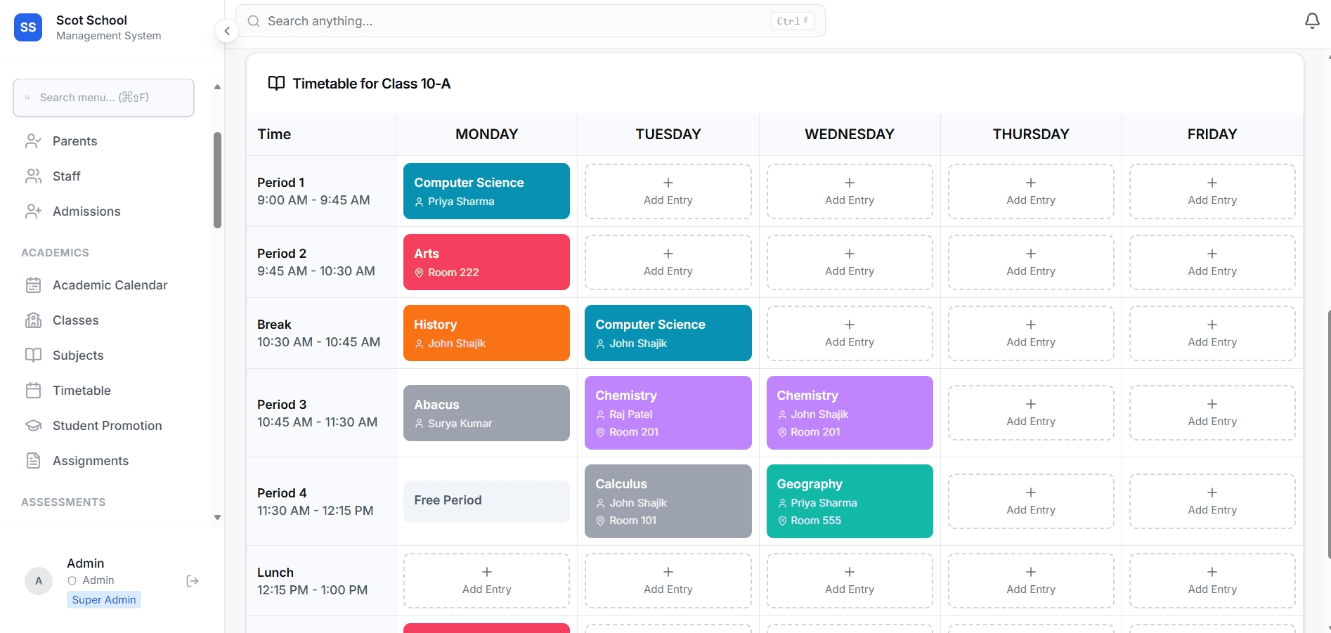 Scot School timetable screen